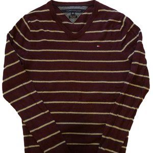 SALE XS Tommy Hilfiger Maroon Striped V-Neck Sweater